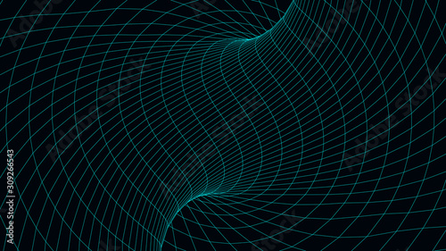 Fototapeta Naklejka Na Ścianę i Meble -  Vortex. Vector perspective curved grid. Wireframe abstract tunnel. 3D vector wormhole with a mesh structure.