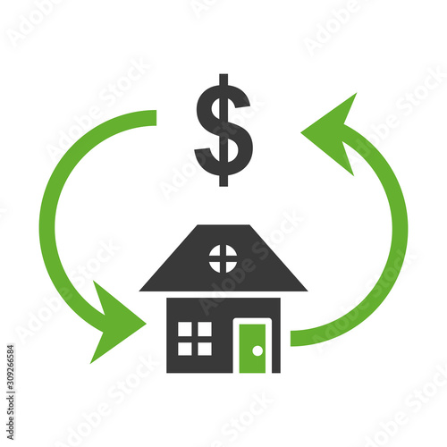 house front facade with arrows and dollar symbol