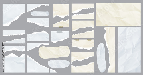 Ripped papers, torn page pieces. Scrapbook template note paper piece.
