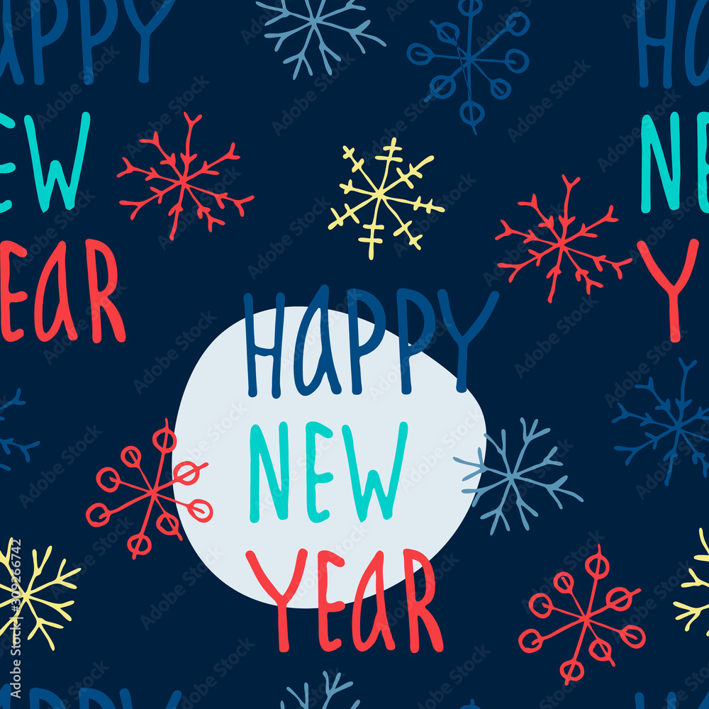 Seamless pattern with colored snowflakes and Happy New Year hand lettering on deep blue background. For gift wrap and other surface design projects