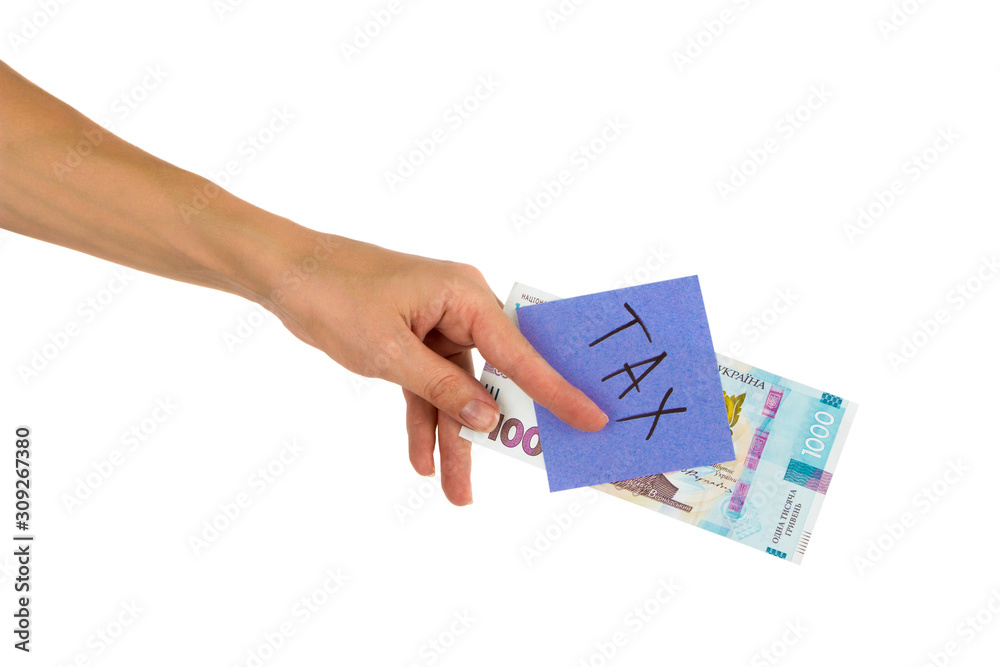 Thousand hryvnias and sticker with different financial signs and symbols in the hand Thousand hryvnias and sticker with different financial signs and symbols in the hand