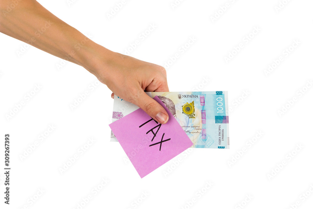 Thousand hryvnias and sticker with different financial signs and symbols in the hand Thousand hryvnias and sticker with different financial signs and symbols in the hand