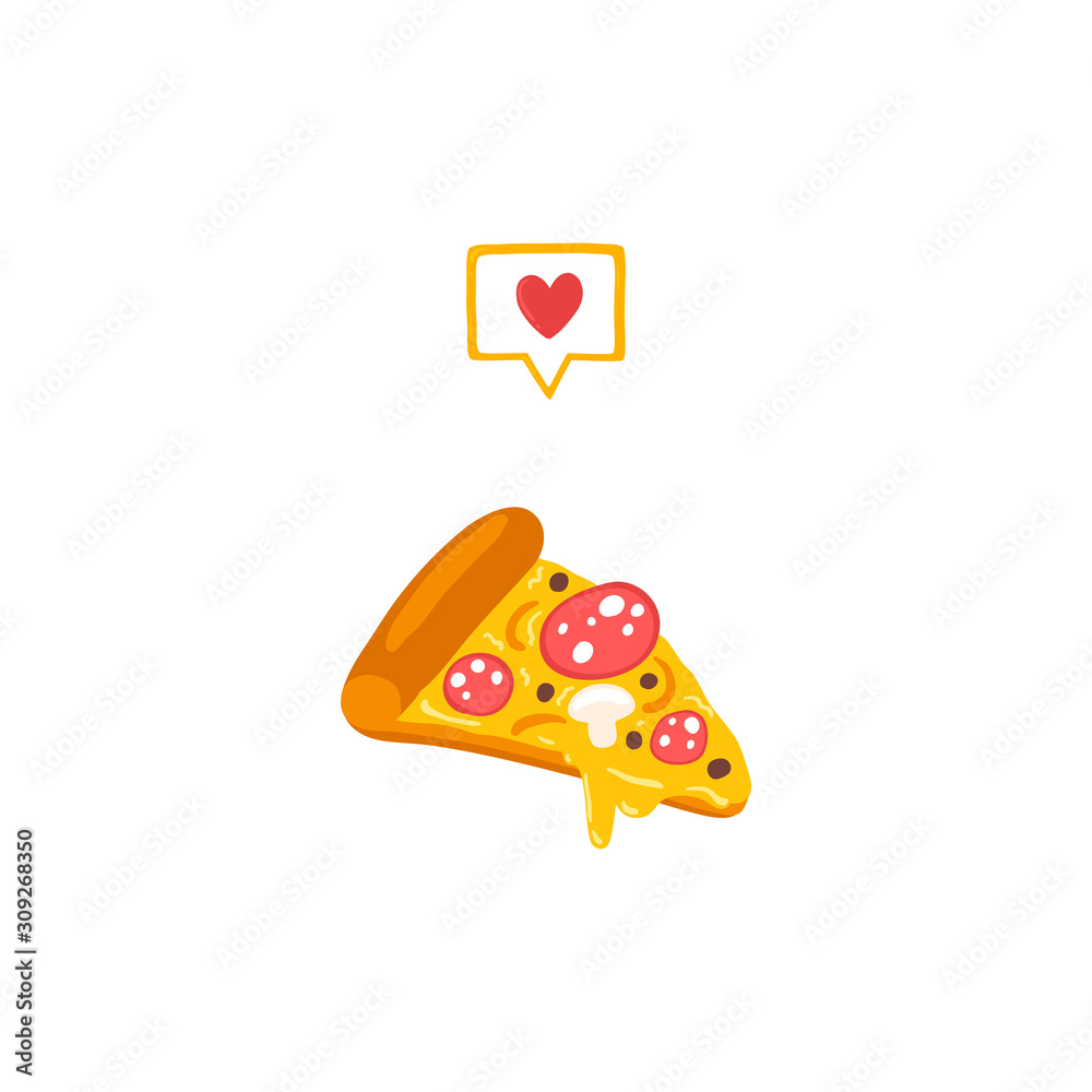 I like pizza. Vector illustration of fast food stocks in simple cartoon  style. Appetizing pepperoni with sausage and cheese. Heart message Stock  Vector | Adobe Stock