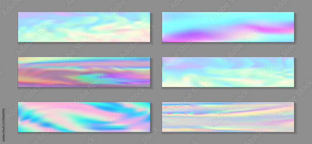 Holographic bright flyer horizontal fluid gradient mermaid backgrounds vector collection. Silk neon 