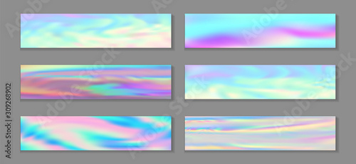 Holographic bright flyer horizontal fluid gradient mermaid backgrounds vector collection. Silk neon 