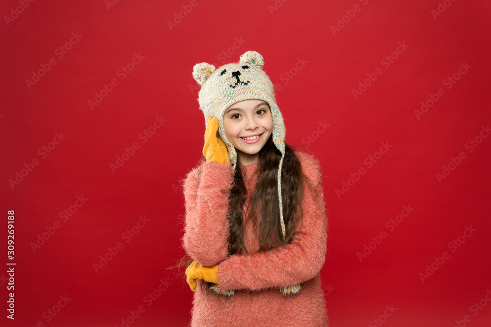 Teddy bear. Being cute bear. Winter outfit. Little kid wear knitted hat.  Stay warm. Little girl
