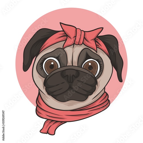 female Pug dog head vector illustration 