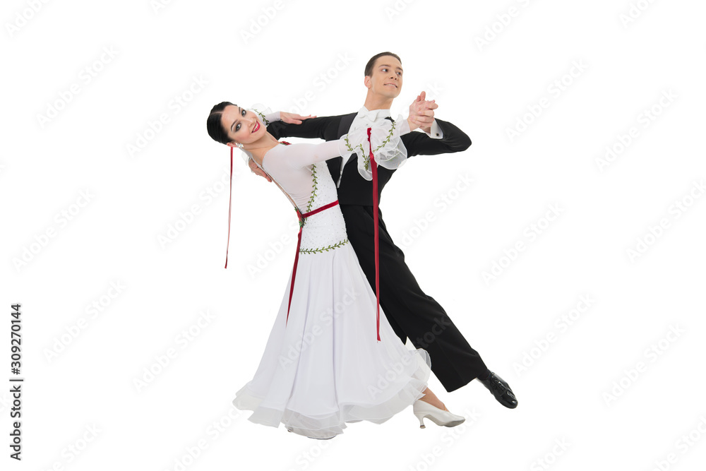 Fototapeta premium ballrom dance couple in a dance pose isolated on white bachground