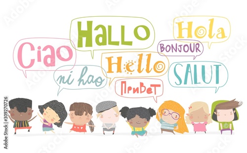 Group of cartoon kids talking in different languages