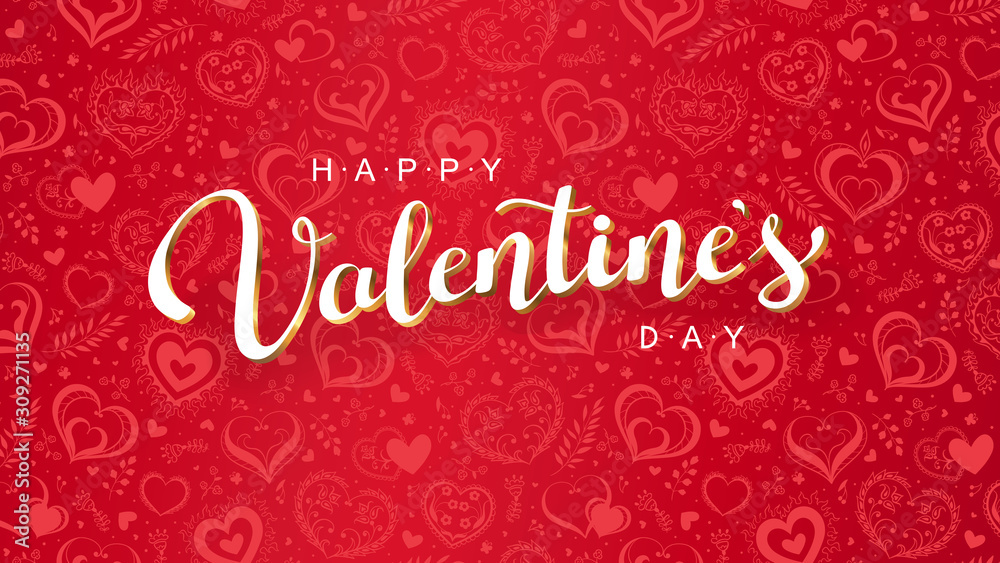 Vector white Valentine's day lettering on red hearts background.