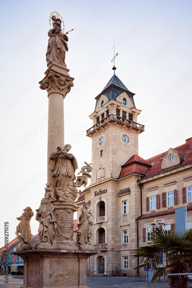 Square at Town Hall with Plague Column in Leibnitz Austria