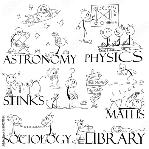 Vector illustration of funny men on the topic of education. Thematic drawings for flyers, banners in schools, universities, colleges.