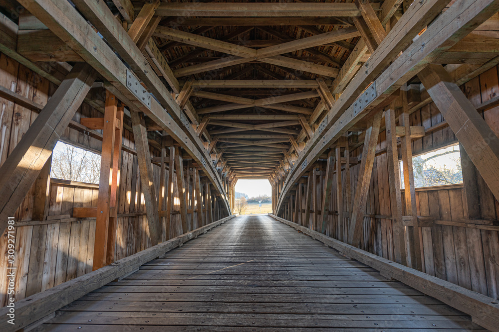 Traveling Through Pinetown Covered Bridge in Lancaster County, Pennsylvania