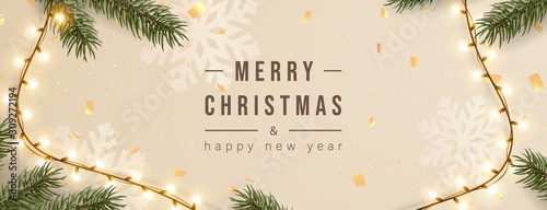 Merry Christmas greeting banner with Chrirstmas decor fir twigs and confetti, vector illustration.
