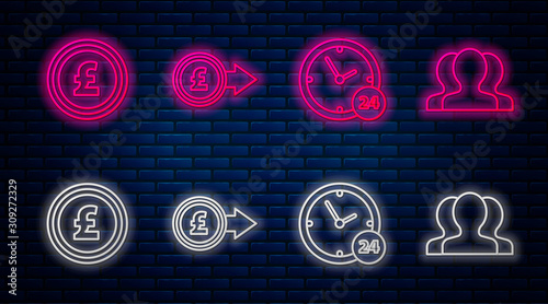 Set line Coin money with pound sterling symbol, Clock 24 hours, Coin money with pound sterling symbol and Users group. Glowing neon icon on brick wall. Vector