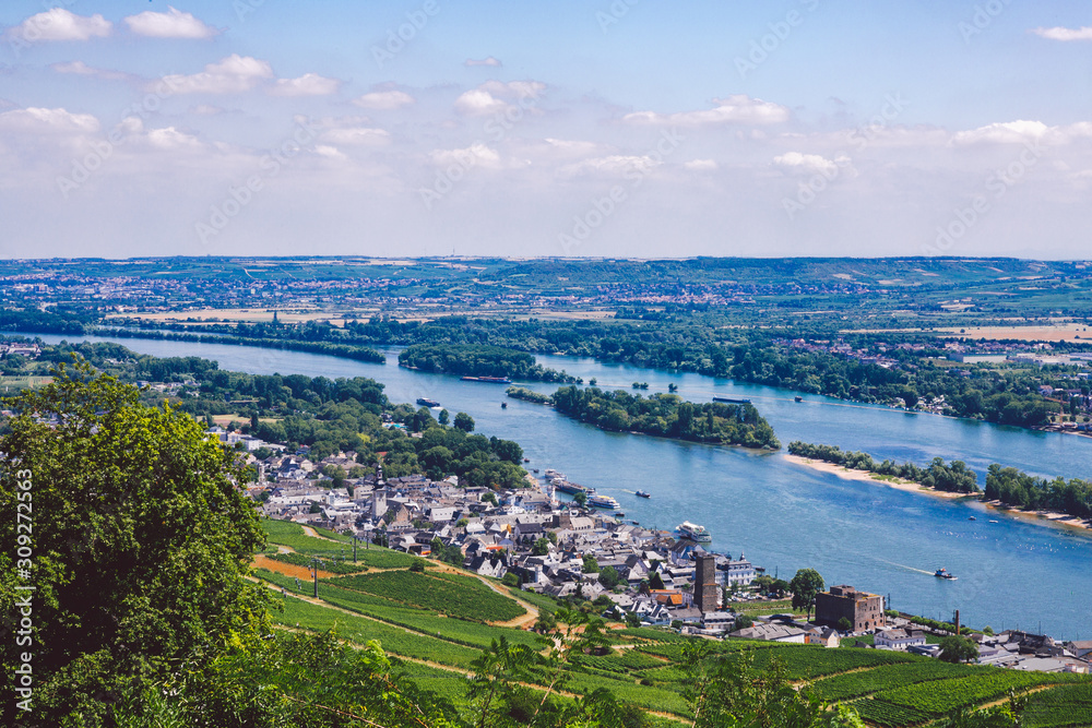 Panorama of the middle Rhine River valley with beautiful vineyards sloping down to a distant medieval village of Rudesheim, Germany. Unesco