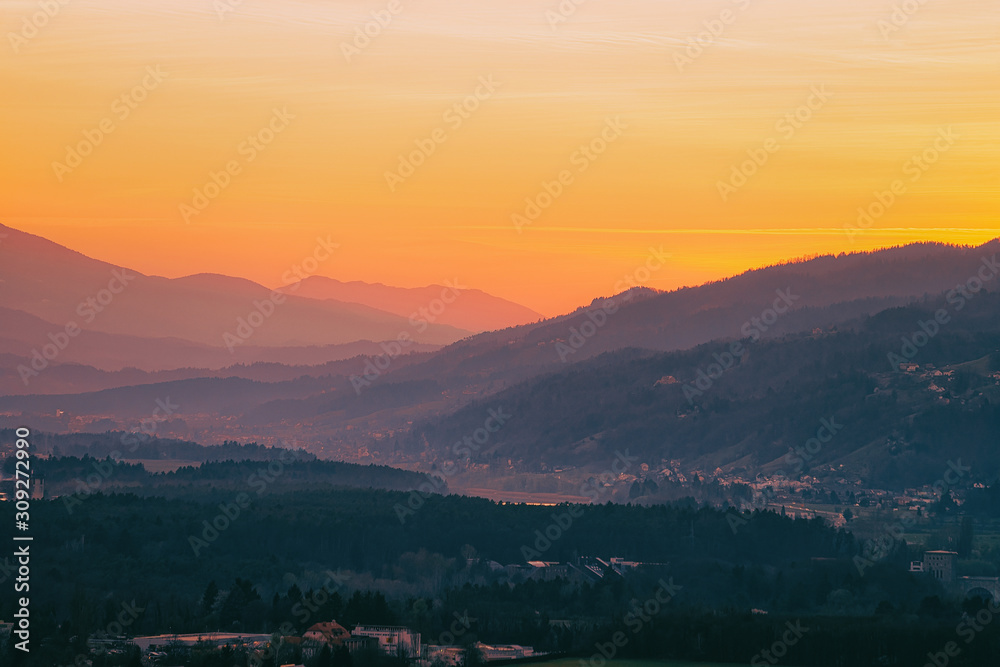 Romantic sunset over hills with vineyards in Maribor