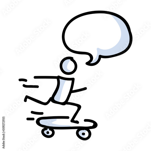 Hand Drawn Stick Figure Rider on Skateboard. Concept of Stunt Sport Activity. Simple Icon Motif for Teen Fun Skateboarder Speech Bubble. Jump, Ride, Ramp Bujo Illustration. Vector EPS 10. 