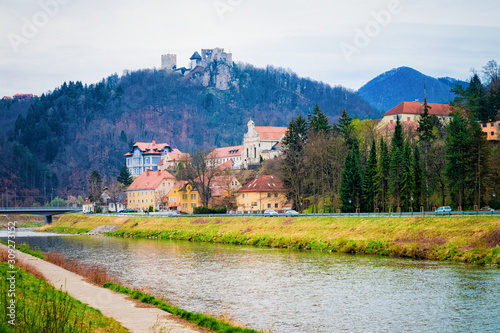 Landscape with Savinja River and Celje castle in Slovenia photo