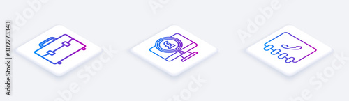Set Isometric line Briefcase, Computer monitor with pound sterling symbol and Address book. White square button. Vector