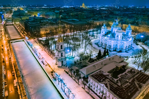 Saint Petersburg. Russia. Smolny Cathedral at night. Christmas in St. Petersburg. Temples of Russia. Resurrection Smolny Convent. Christmas Eve. Temple glows at night. Trip to Russia.