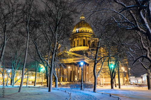 Saint Petersburg. Russia. Saint Isaac's Cathedral. Night Petersburg. St. Isaac's Cathedral on a winter night. Cathedrals of Russia. Religious tourism in Russia. Russia europe. Guide to St. Petersburg