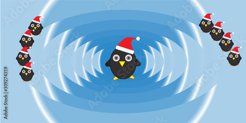 A penguin wearing a christmas hat With friends On the blue ice