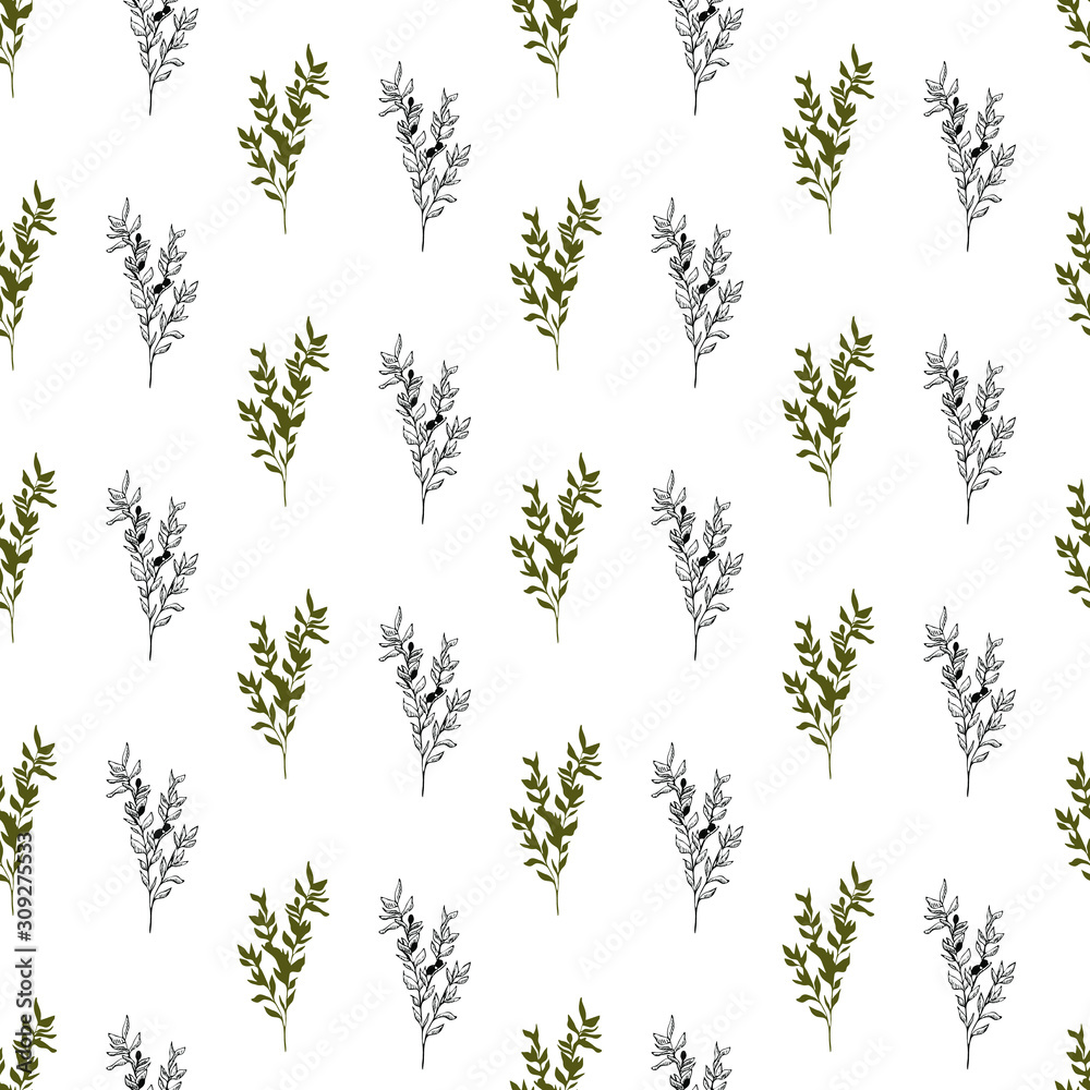 Olive branch seamless pattern. Hand drawn vector food illustration. Mediterranean style plant background. Retro botanical illustration. Olive branch seamless pattern. Hand drawn vector food illustration. Mediterranean style plant background. Retro botanical illustration.