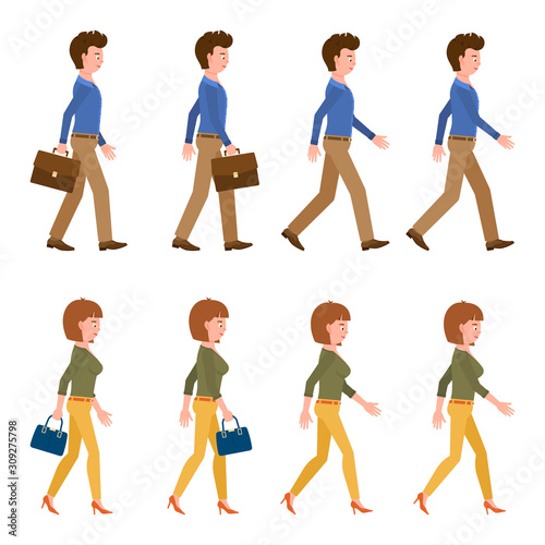 Young, adult man and woman walking sequence poses vector illustration. Moving forward, fast, slow going office people cartoon character set on white