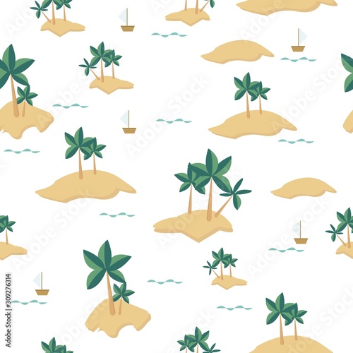 Vector seamless pattern with islands sea and palm trees in warm colors. Landscape in simple flat design. © Alyona