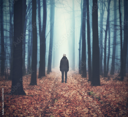 woman in the forest. man walks in a foggy forest. morning fog in a golden autumn forest