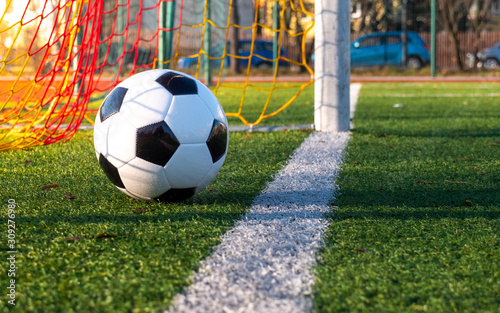 Shot from high angle. The ball on the soccer goal line. Green grass, white line, colorful net from the football gate.
