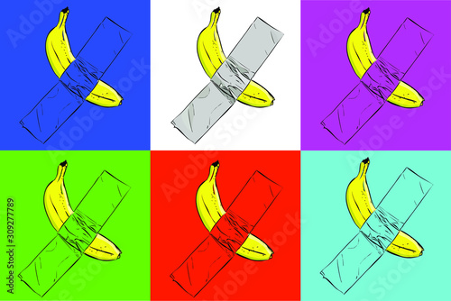 Banana duct taped to a wall. Pop art style vector poster.