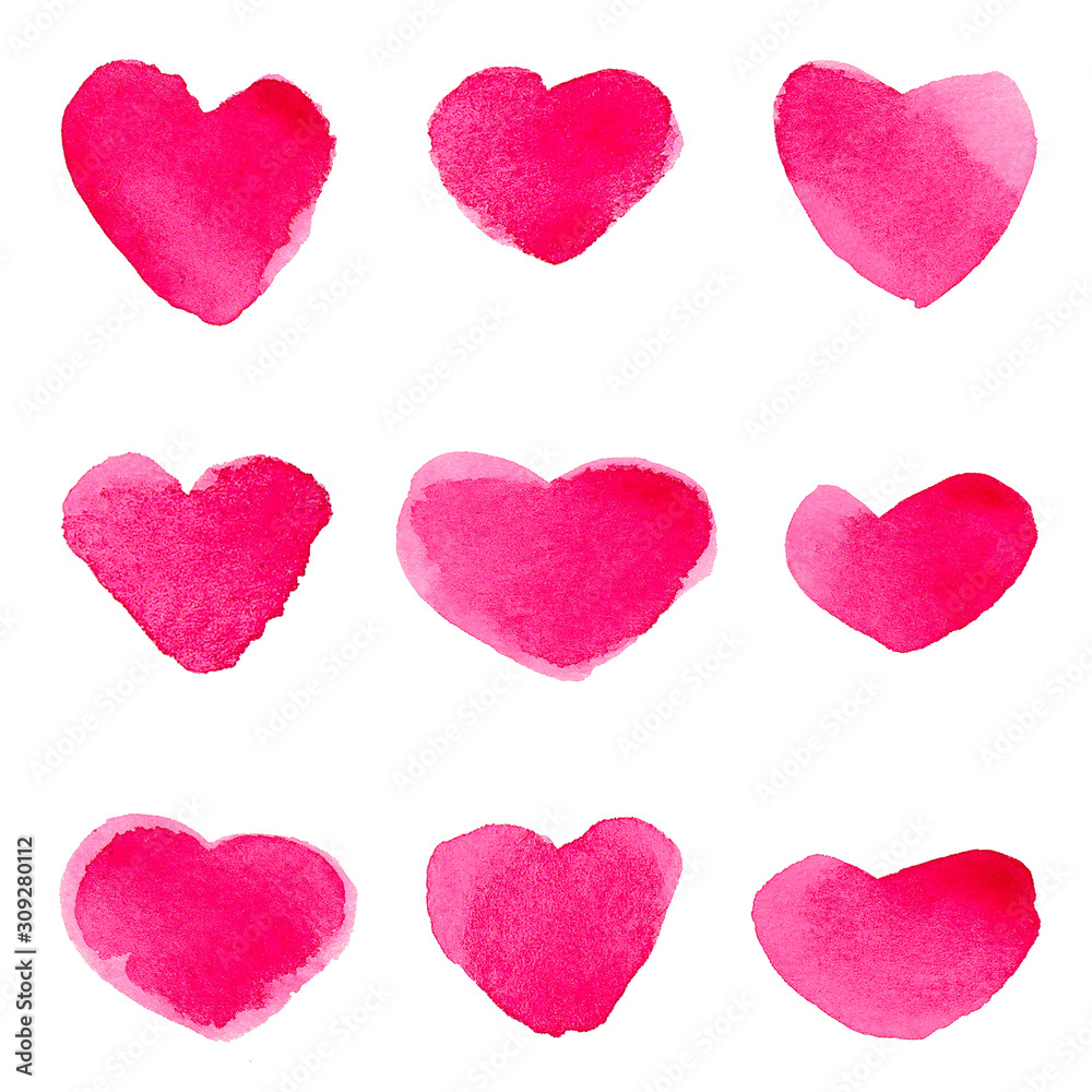 Watercolor illustration. Set of red hearts. Elements for postcards, posters and wrapping paper. Declaration of love. Greeting card for Valentine's Day. Hand drawing. Isolated over white background.