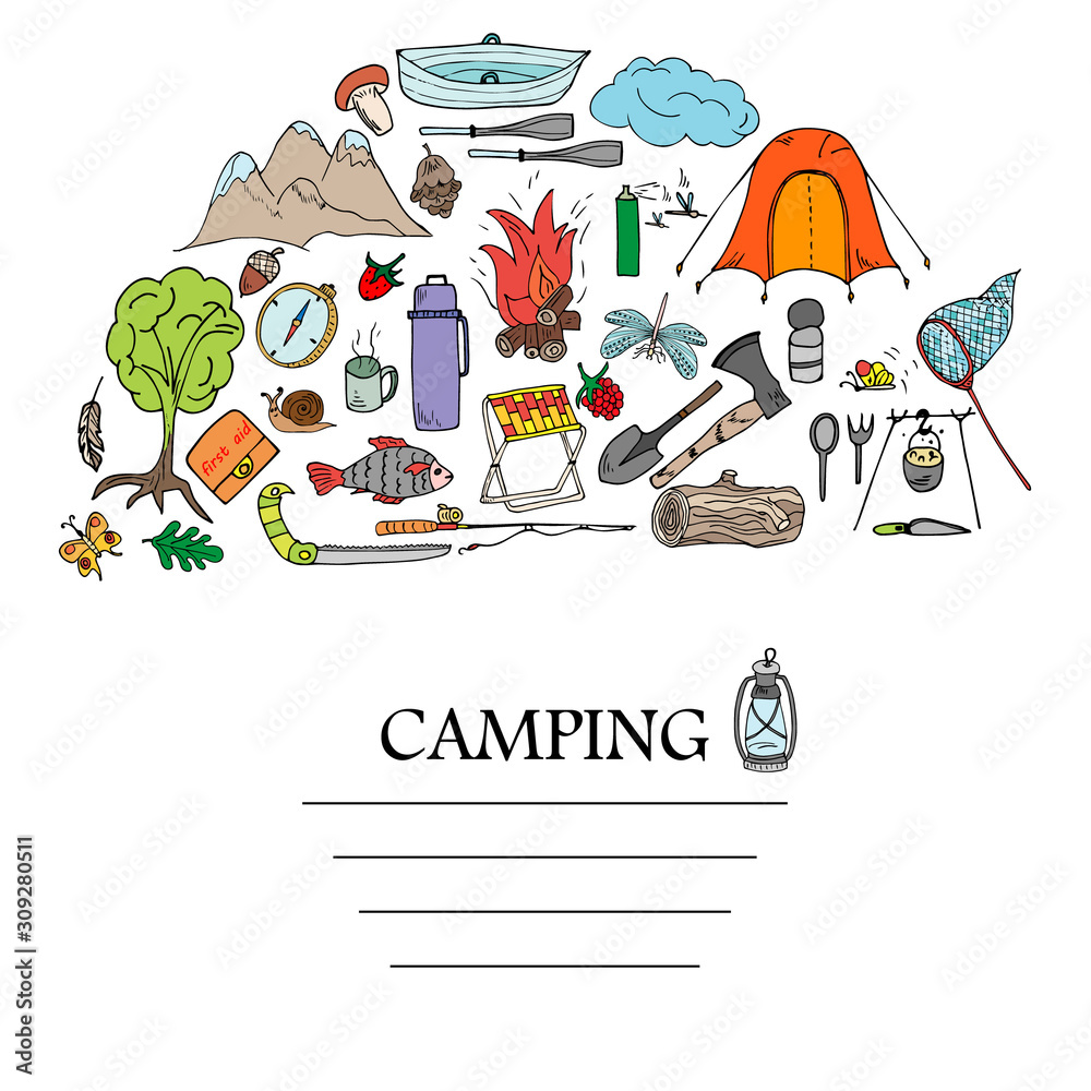 Border, frame  of travel equipment. Accessories for camping and camps.  hand drawn  illustration of camping and tourism equipment. Vector template for banner