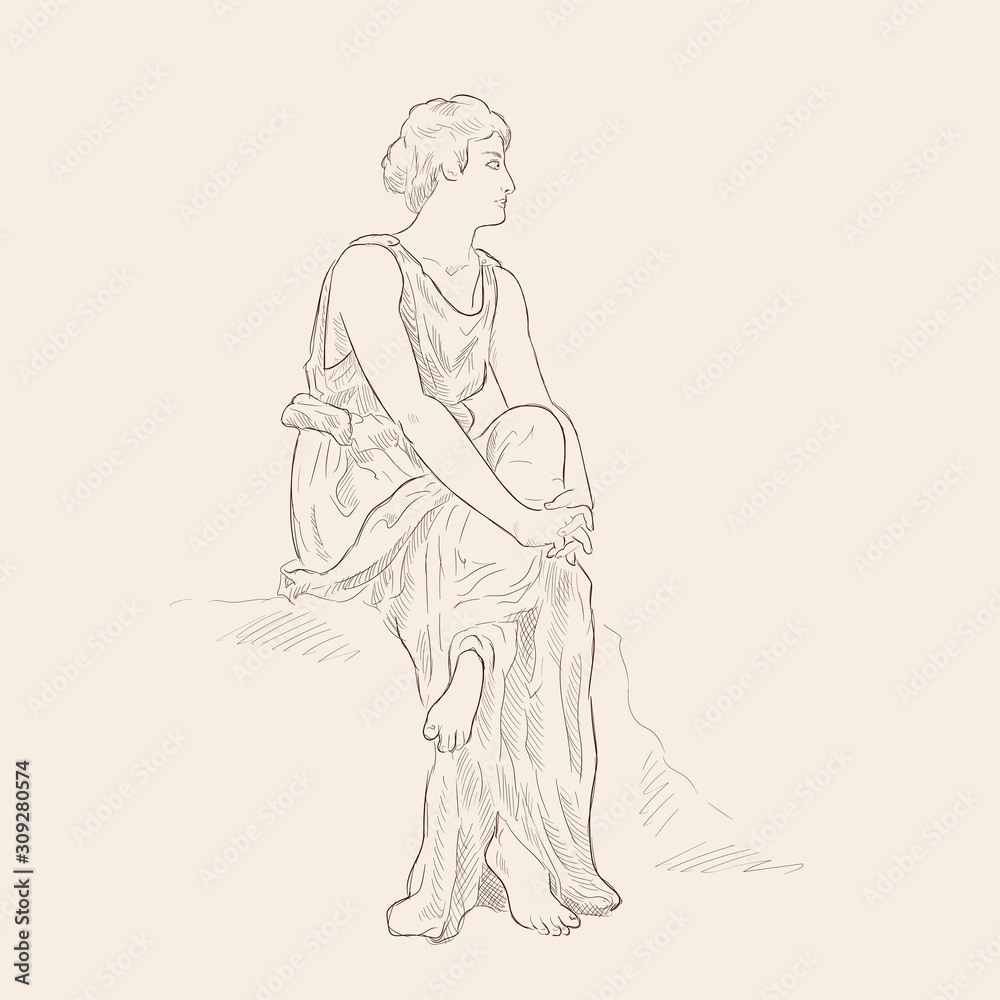Obraz premium An ancient Greek woman in a tunic sitting with his arms crossed. Vector image isolated on beige background.