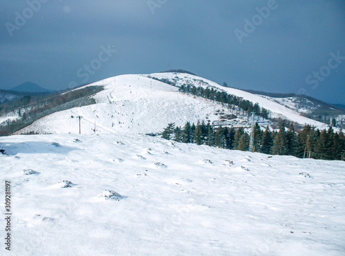 Beautiful snowy winter landscape on Mount Bianditz. Basque Country © unai