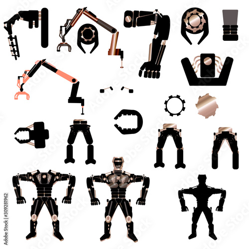 Black robots. Robot parts. Logos or emblems. Vector. White background. Illustration can be used in the internet advertisements, banners, websites, infographics.