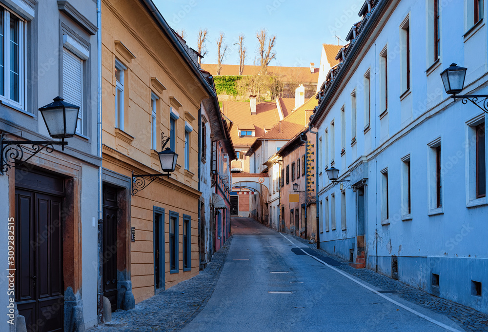 Cityscape with street lanterns in the center of Ptuj