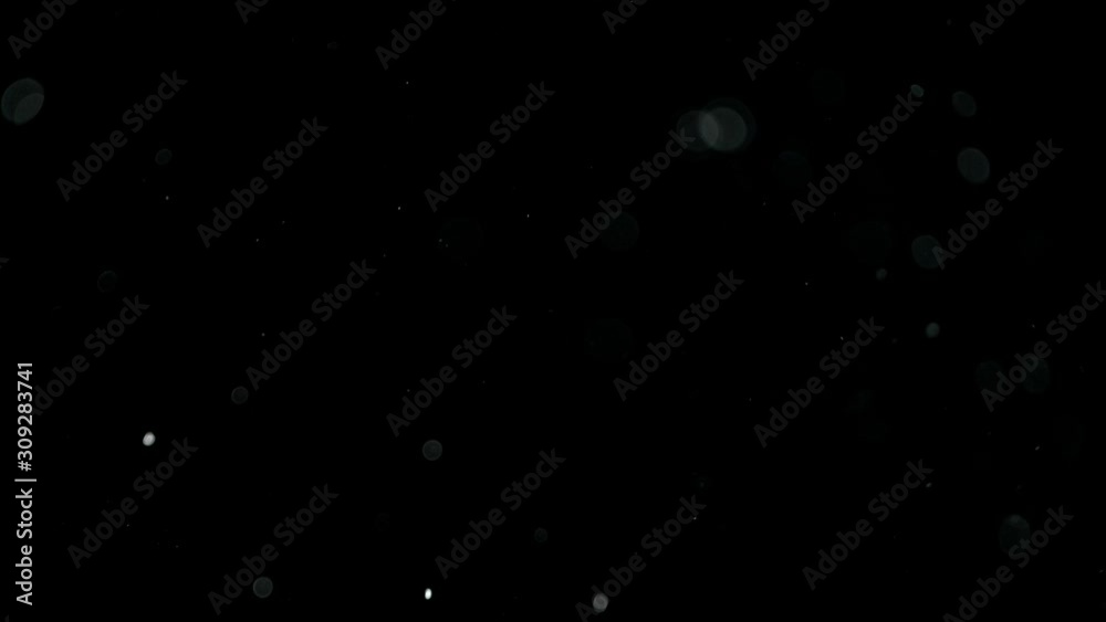 Natural organic dust particles on black background. Glittering Particles With Bokeh. Slow motion at 1000 fps.