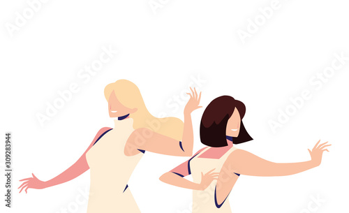 scene of women in dance pose, party, dance club