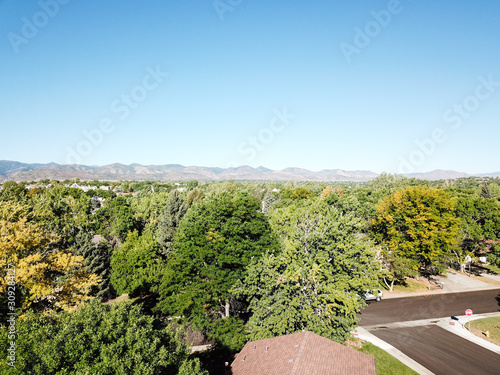 Colorado front range foothills aerial view from a Denver neighborhood