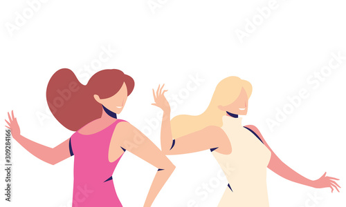 scene of women in dance pose, party, dance club