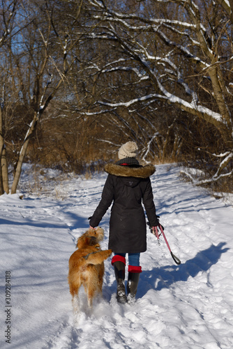 Young woman walking her dog off leash on a forest path with fresh snow