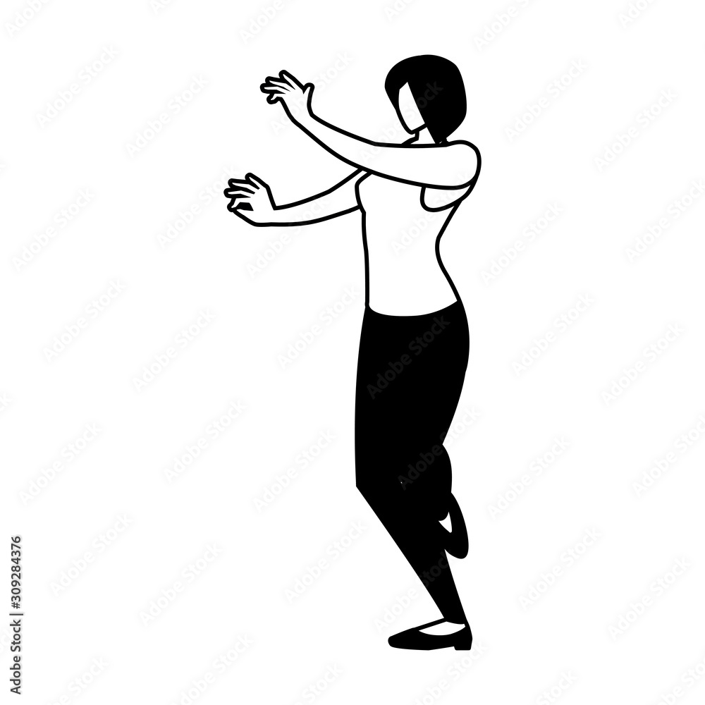 silhouette of woman in pose of dancing on white background