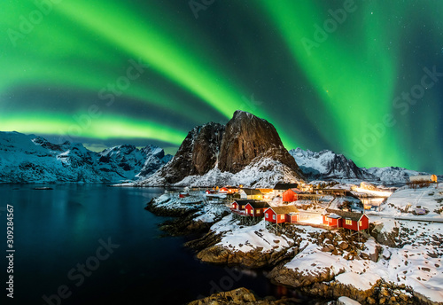 Aurora borealis over Hamnoy in Norway