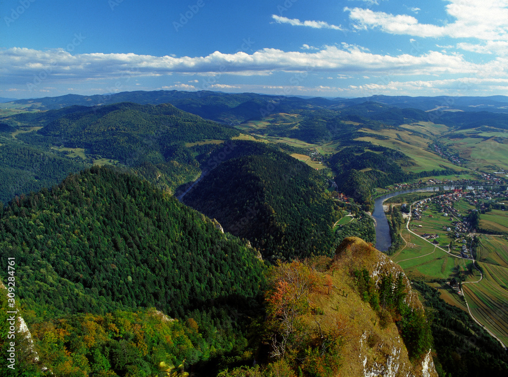 view from Trzy Korony Mountain, Pieniny Mountains, Dunajec river, Poland