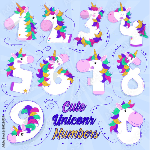 cute number shaped unicorns.illustration. vector