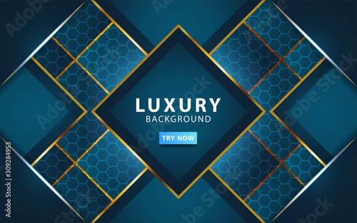 luxury abstract technology blue vector background with gold line.Overlap layers with paper effect. digital template. Realistic light effect on textured hexagon background.vector illustration.