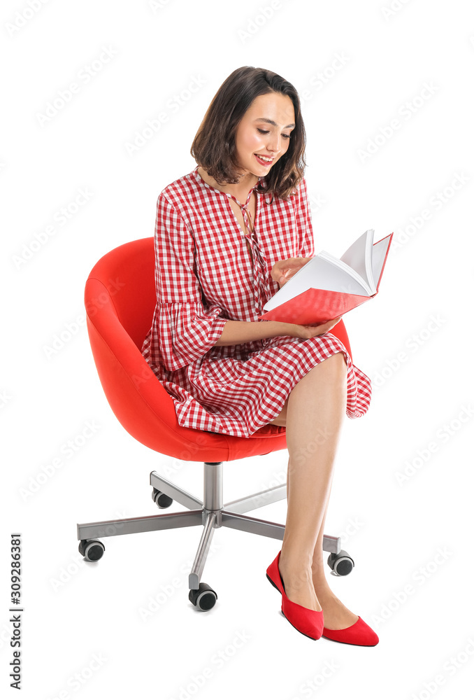 Beautiful young woman reading book on white background Beautiful young woman reading book on white background
